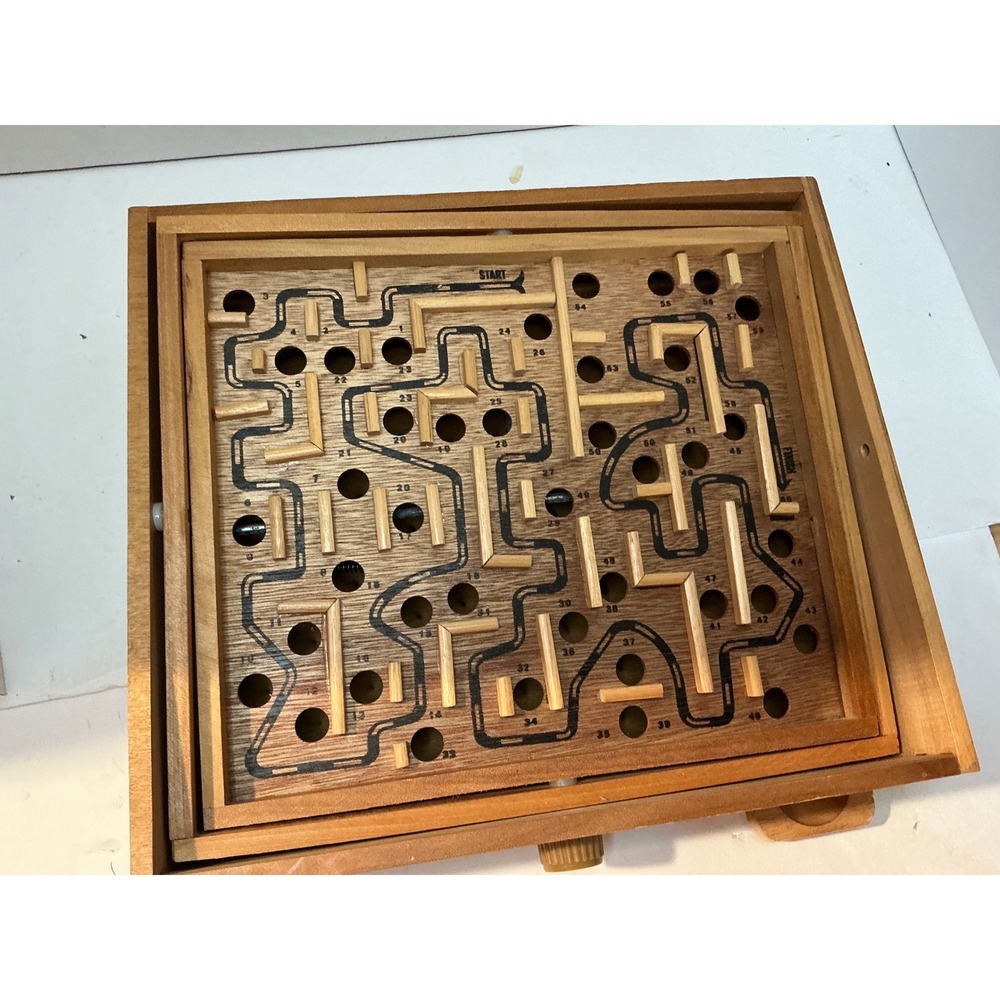 Vintage Wooden Labyrinth Maze Game Tilt Marble Puzzle Large Retro